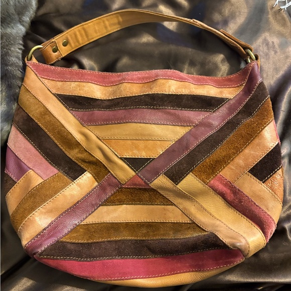 Lucky Brand Patchwork Handbag Vintage Suede Leather Shoulder Boho Hippie purse - Picture 2 of 8